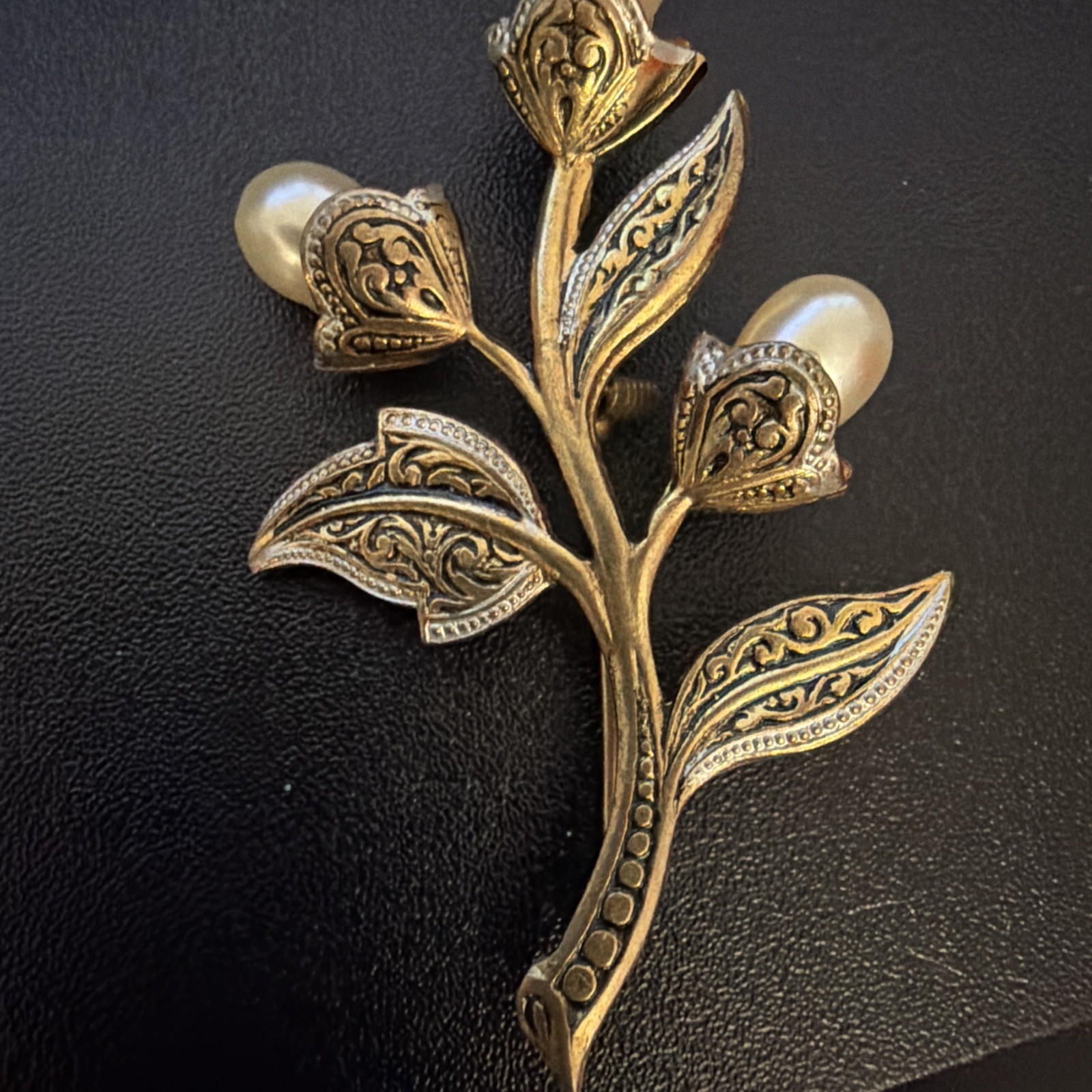 Damascene Brooch Faux Pearl Flower Bouquet Floral Vintage Spanish Estate Pin