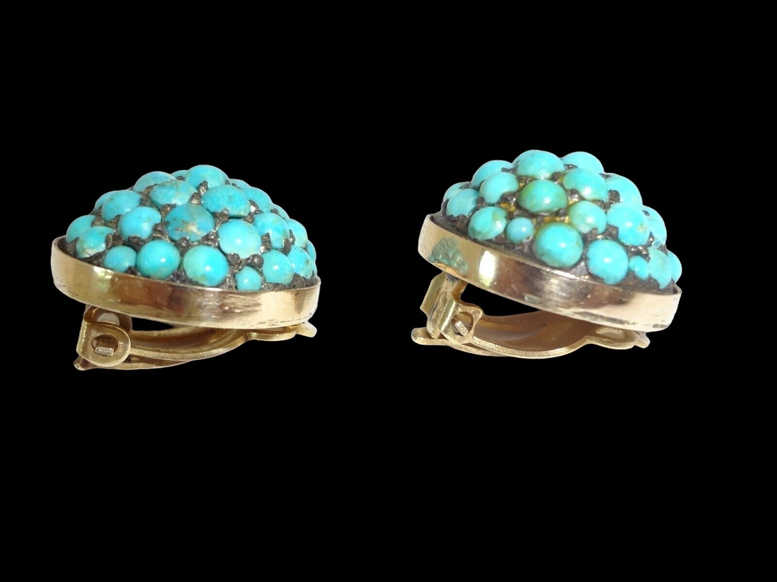 Antique 14K Gold Persian Turquoise Cluster Round Clip Earrings 18.2 Grams!