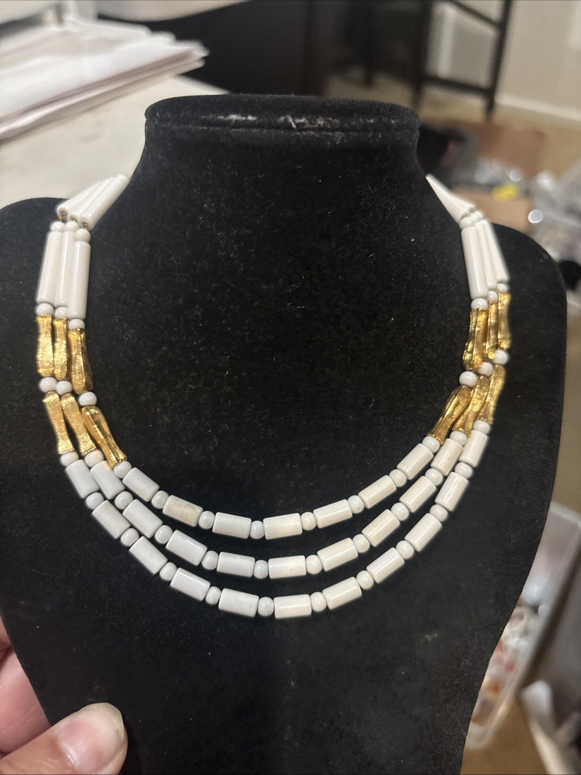 Vintage Gold Tone White Lucite Signed Monet Triple Strand Necklace 15-17”