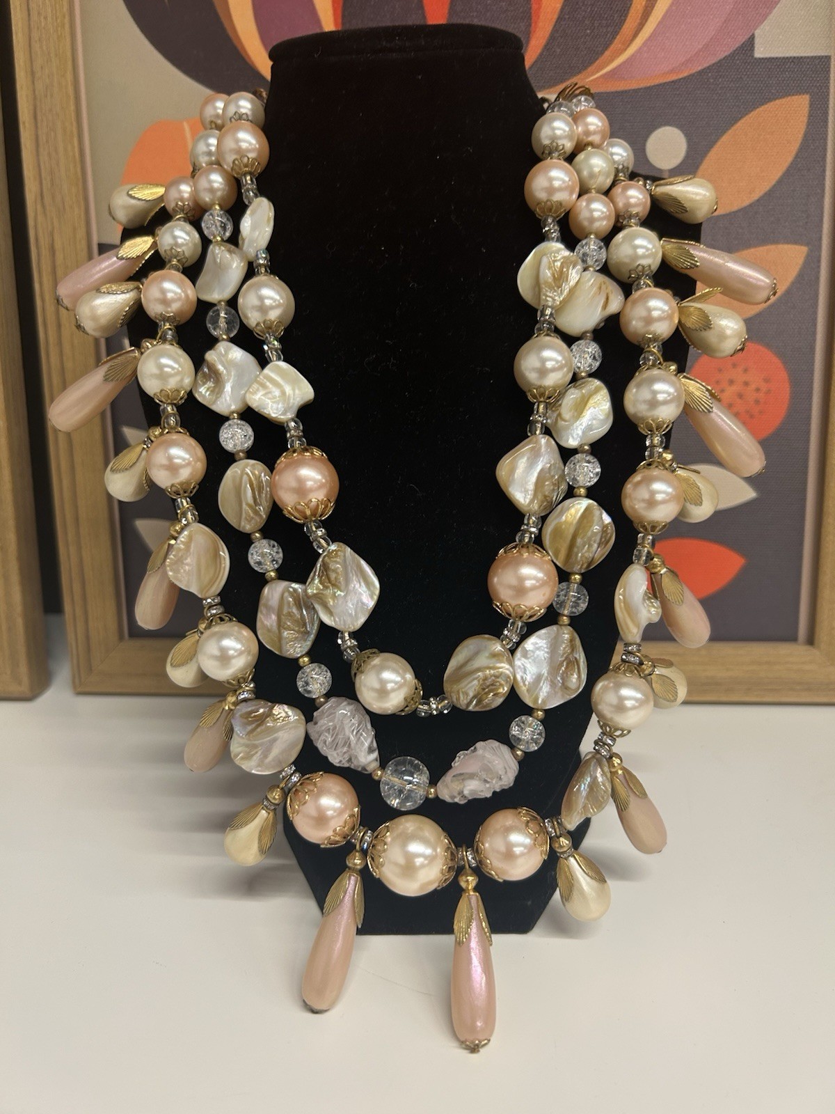 Early Miriam Haskell Large Multi strand Faux Pearl Drop Necklace. So Stunning