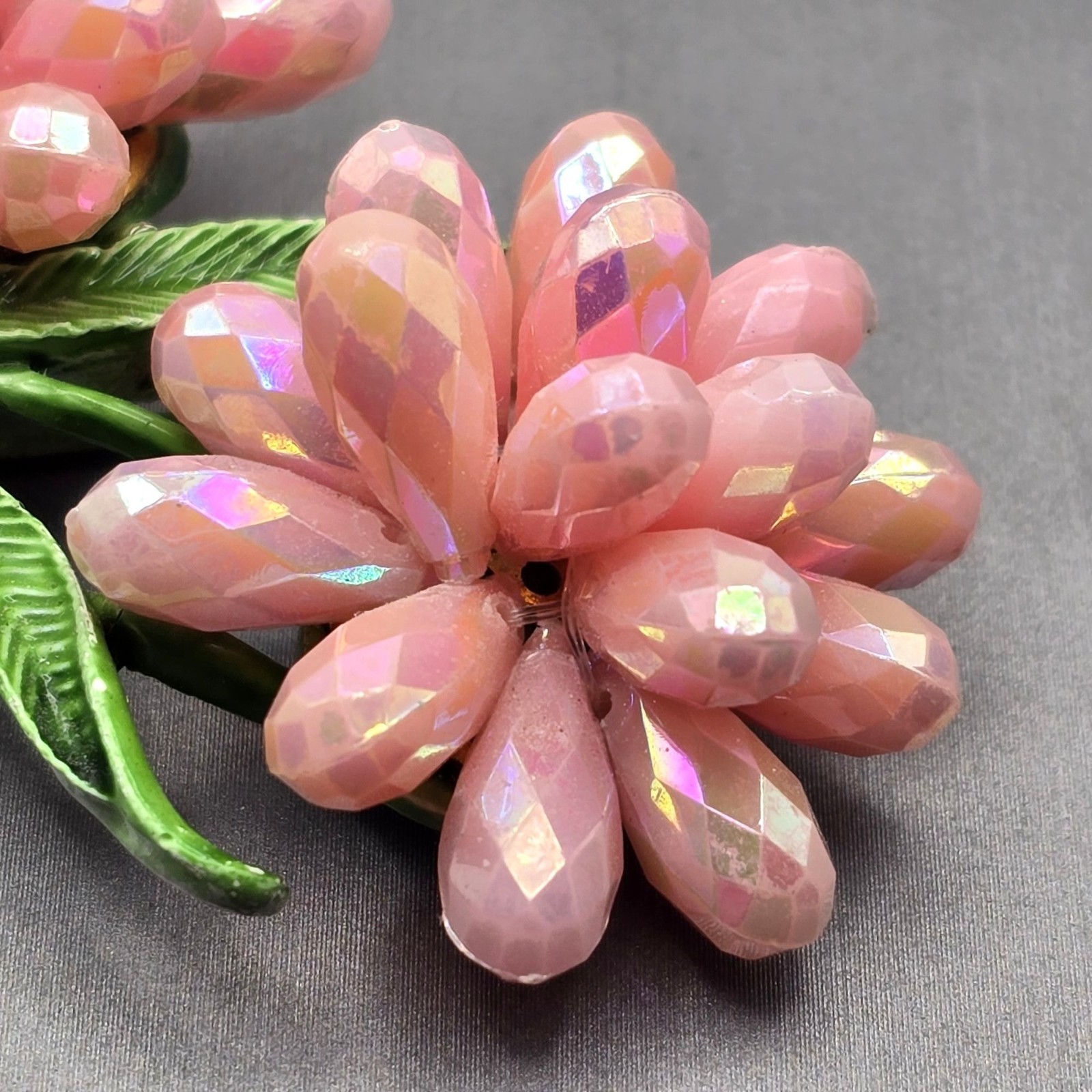 VTG AB Pink Resin Beaded Floral Brooch Green Leaf Double Flower Unsigned