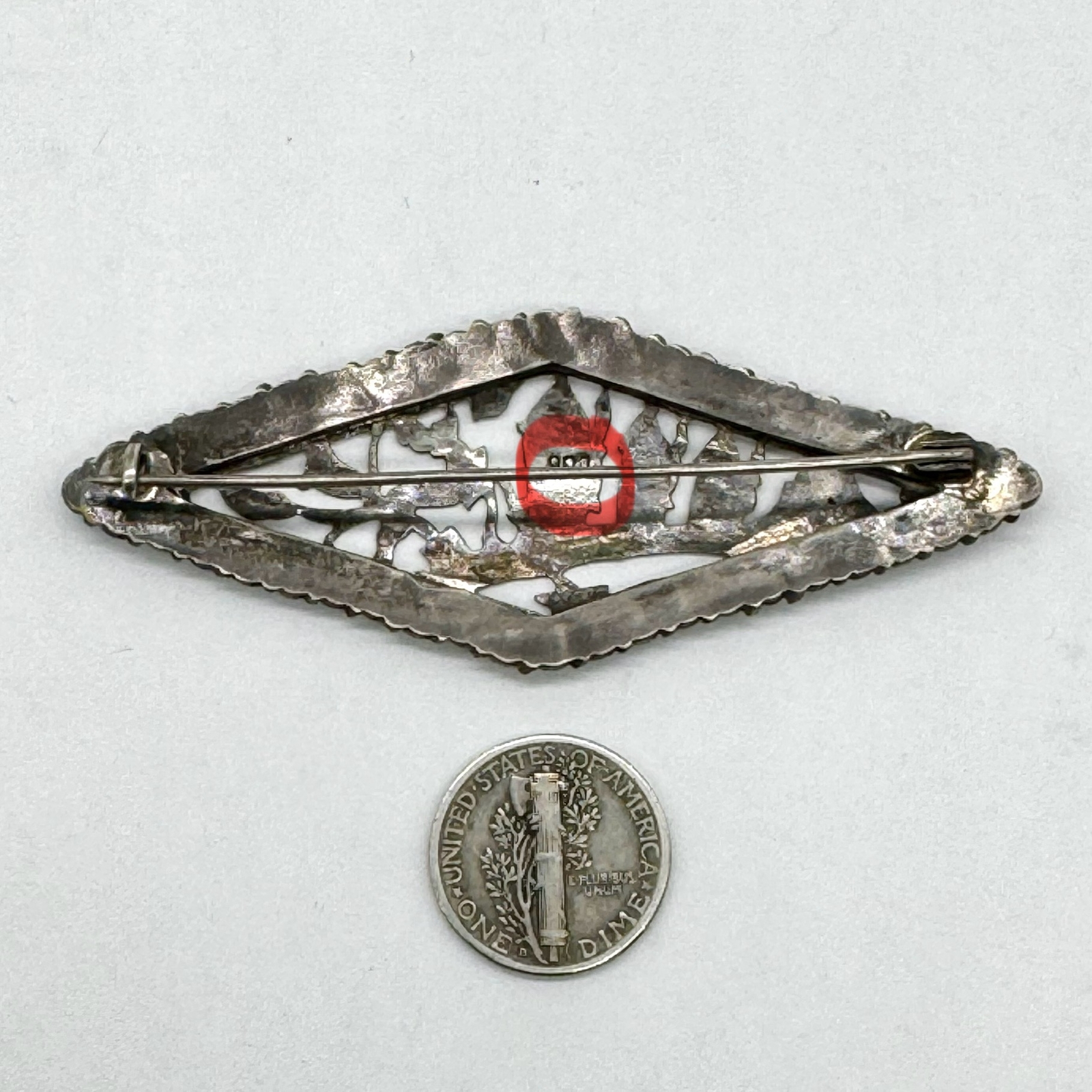 Antique 900 Silver C-Clasp Greek Design Marcasite Lozenge Brooch