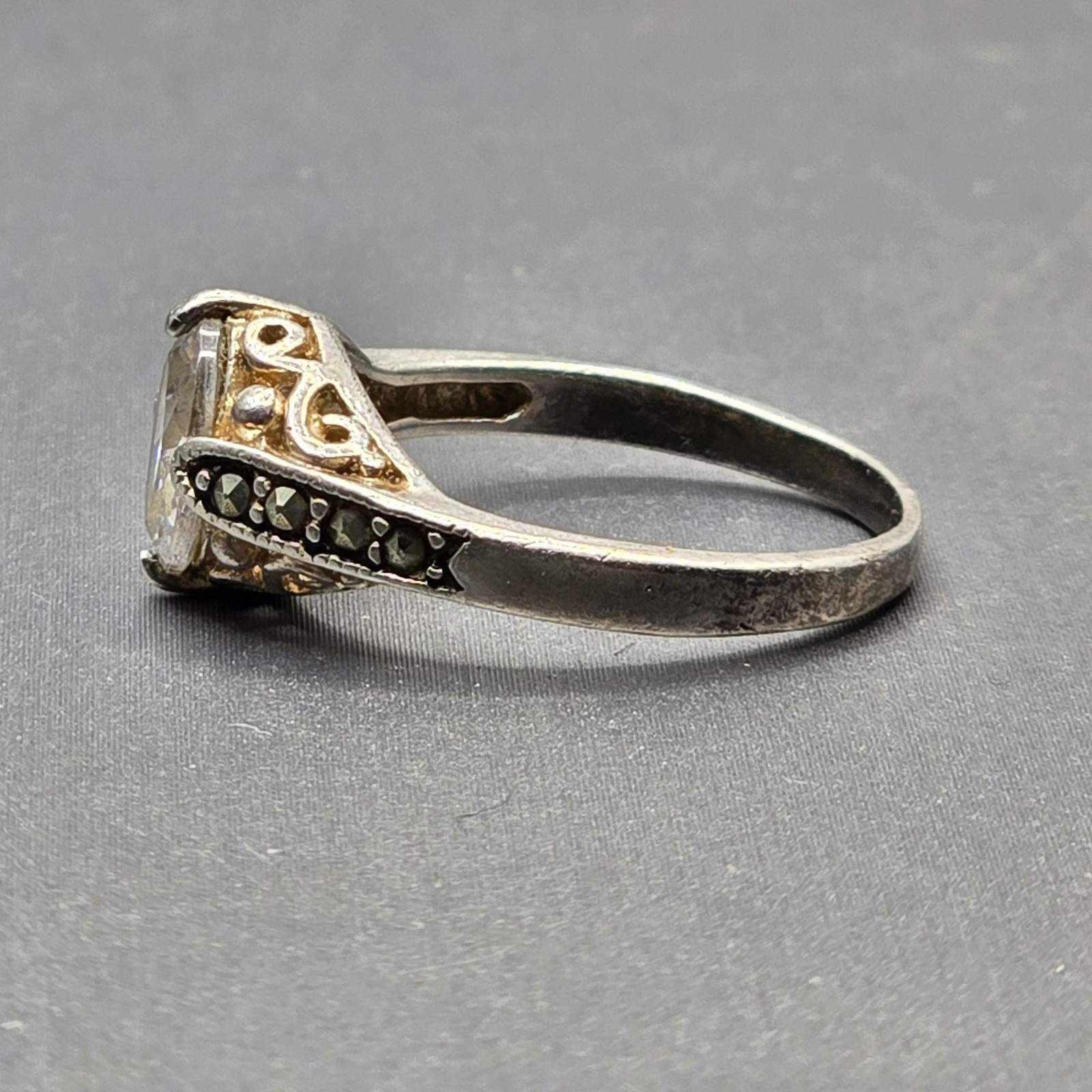 Vintage Art Deco Revival Sterling Silver Crystal Ring Size 8 Filigree Signed CW