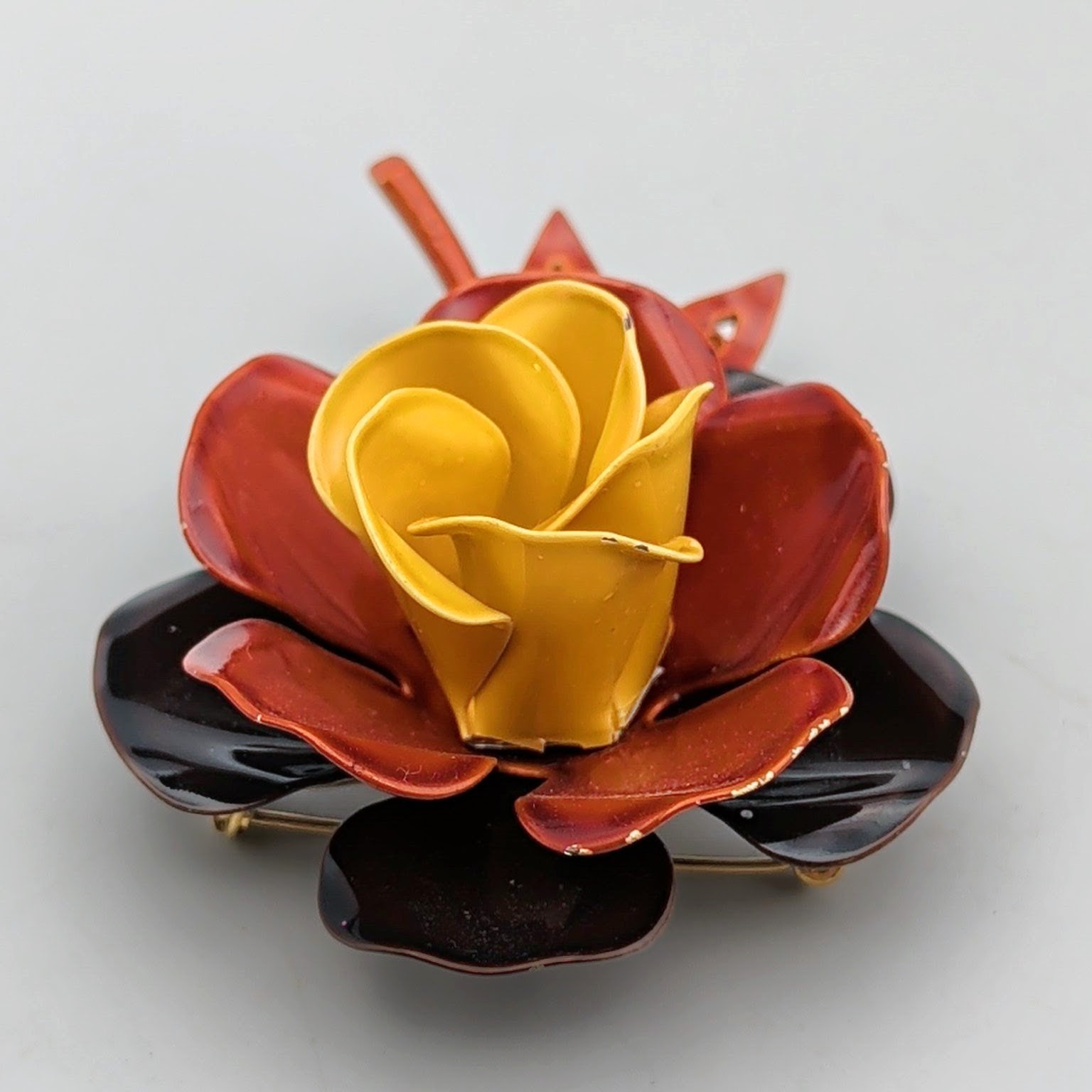 Vtg Yellow Rust Brown Enamel Flower Brooch Mod Pop Art 3D Floral Pin 1960s MCM