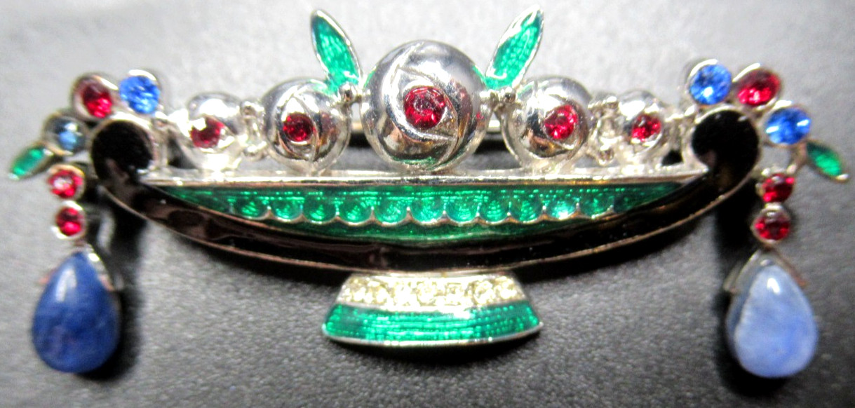 Amazing Enamel Red Blue Rhinestone Vase Vintage Pin Brooch
