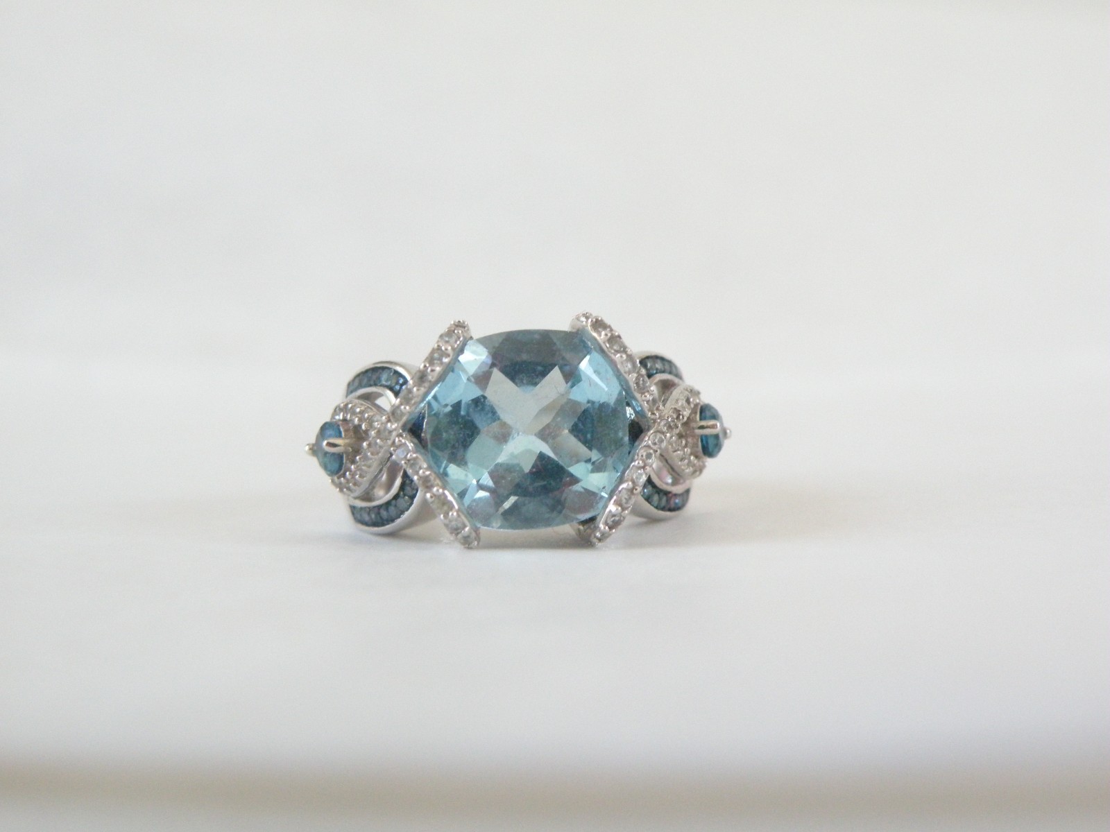 Vintage Style Sterling Silver 925 Natural Heated Blue Topaz Diamond Ring Size 6
