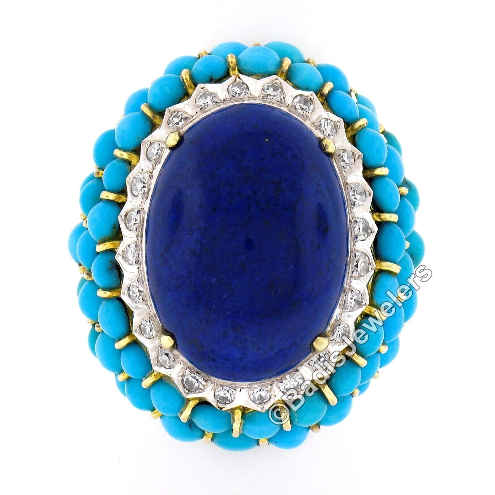 Vintage 14k Gold Cabochon Lapis Turquoise Bead & Diamond Textured Cocktail Ring
