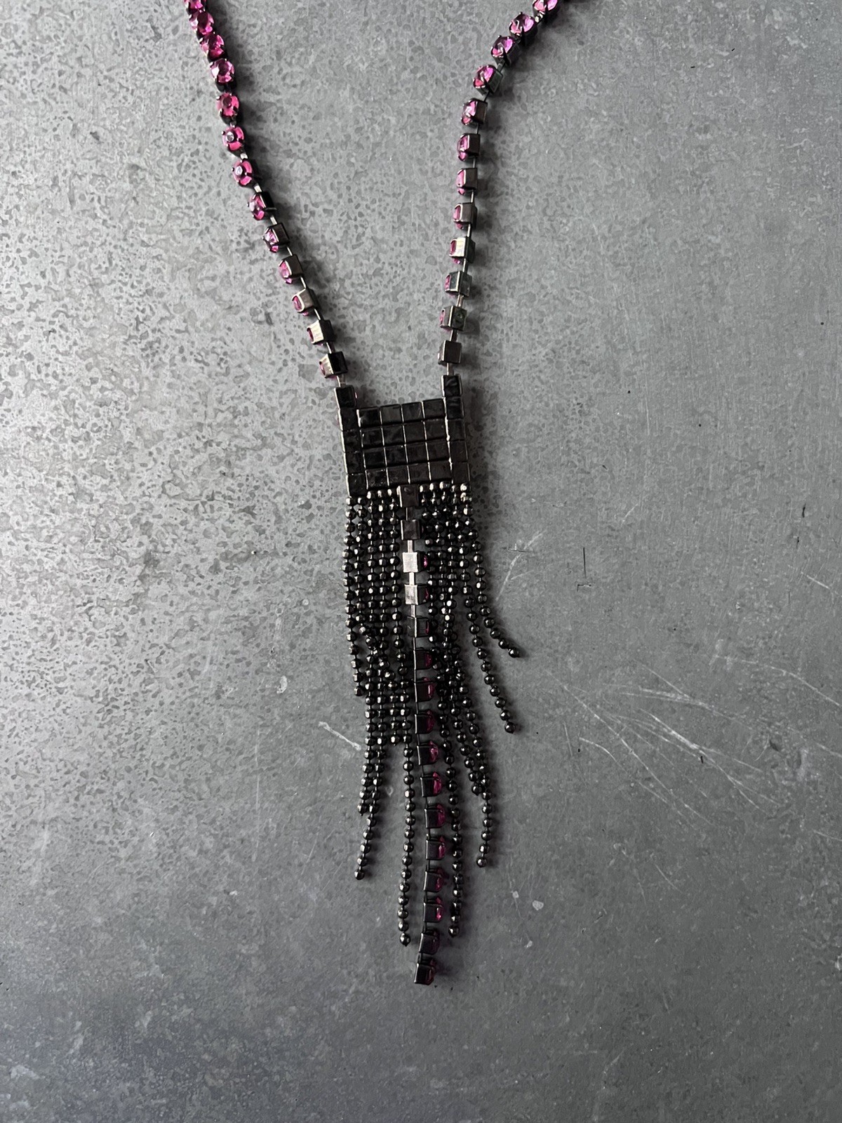 Vintage pink rhinestone gunmetal fringe necklace 90s 00s adjustable 14.5-18 in
