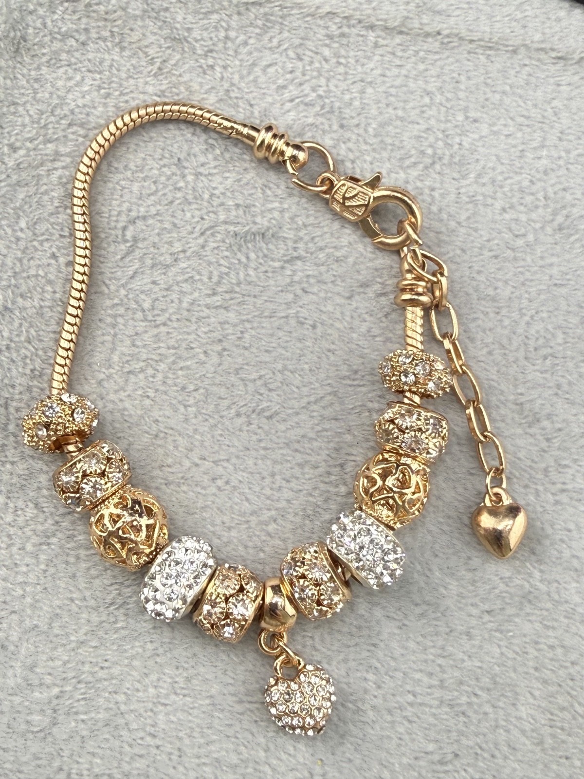 Slide Charm Bracelet Gold Tone Rhinestone Heart Love 7”