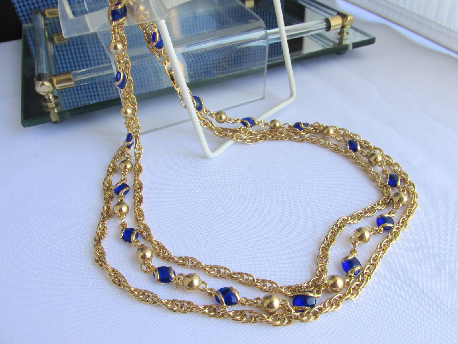 Vintage Electric Blue Glass & Metal Bead Necklace 3 Rows Gold Plate