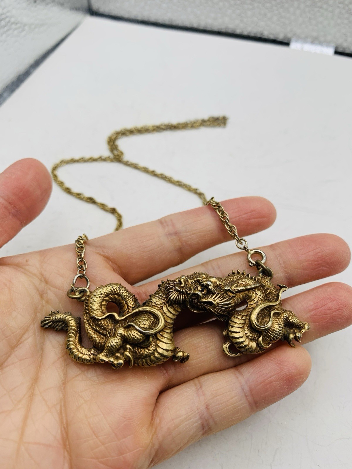 Vintage Alva Museum Replica Gold Tone Menuki Asian Japanese Dragon 18” Necklace