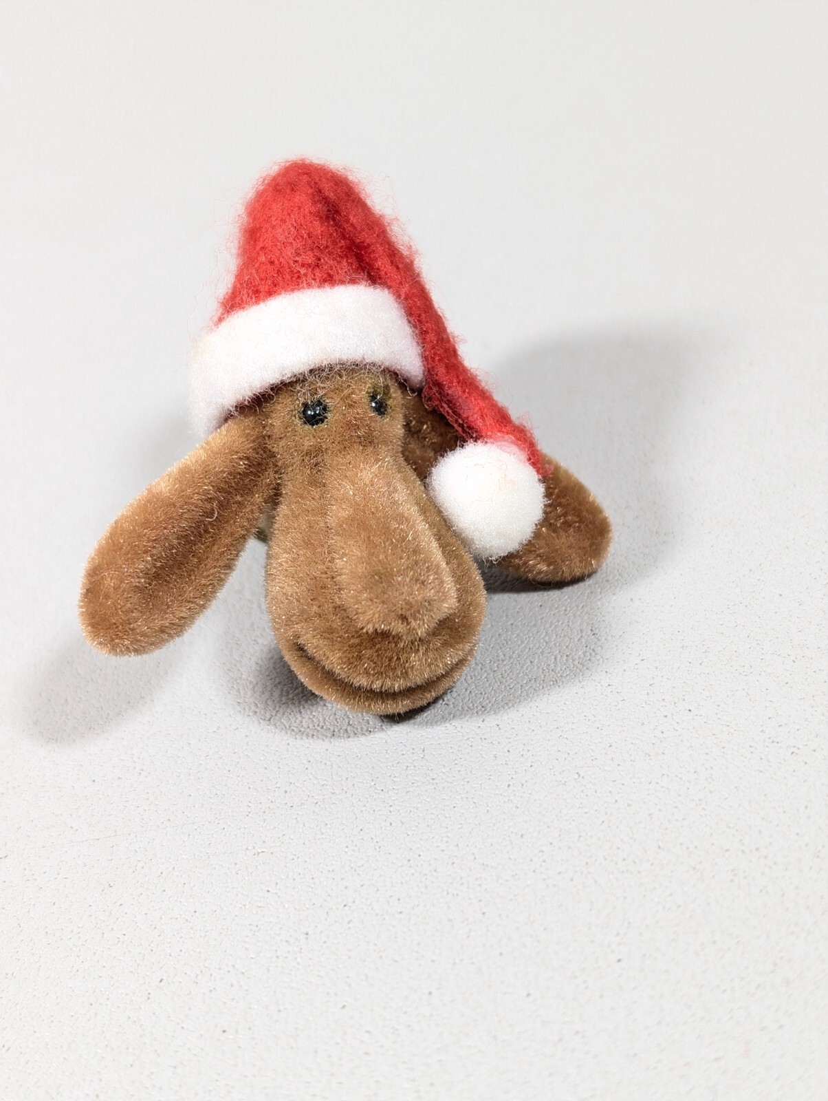 Vintage Fuzzy Christmas Reindeer Pin Brown Red Santa Hat 3D