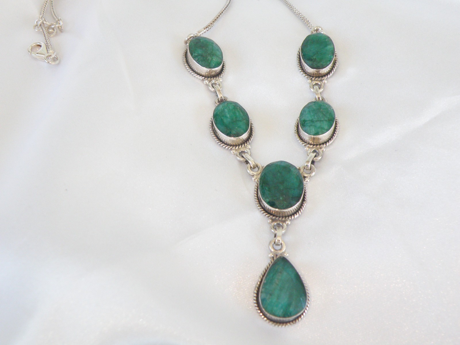 Vintage Sterling Silver 925 Large Natural Raw Emerald Statement Necklace 19″