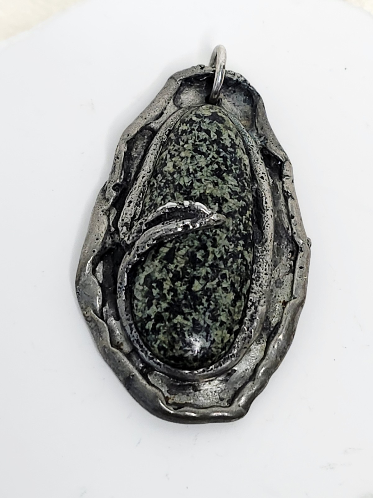 Handmade Nickel Silver Or Pewter Pendant W Polished Black & Green Stone – 2″ L