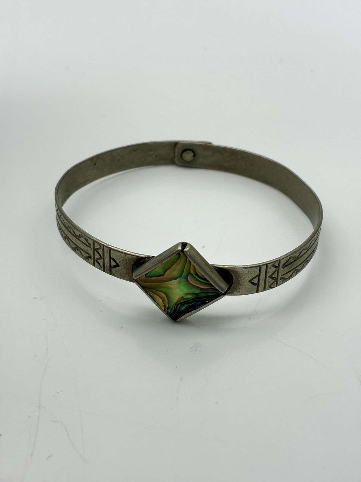 Vintage Bracelets Lot of 2 Silver Tone Floral Cuff and Abalone Shell Bangle
