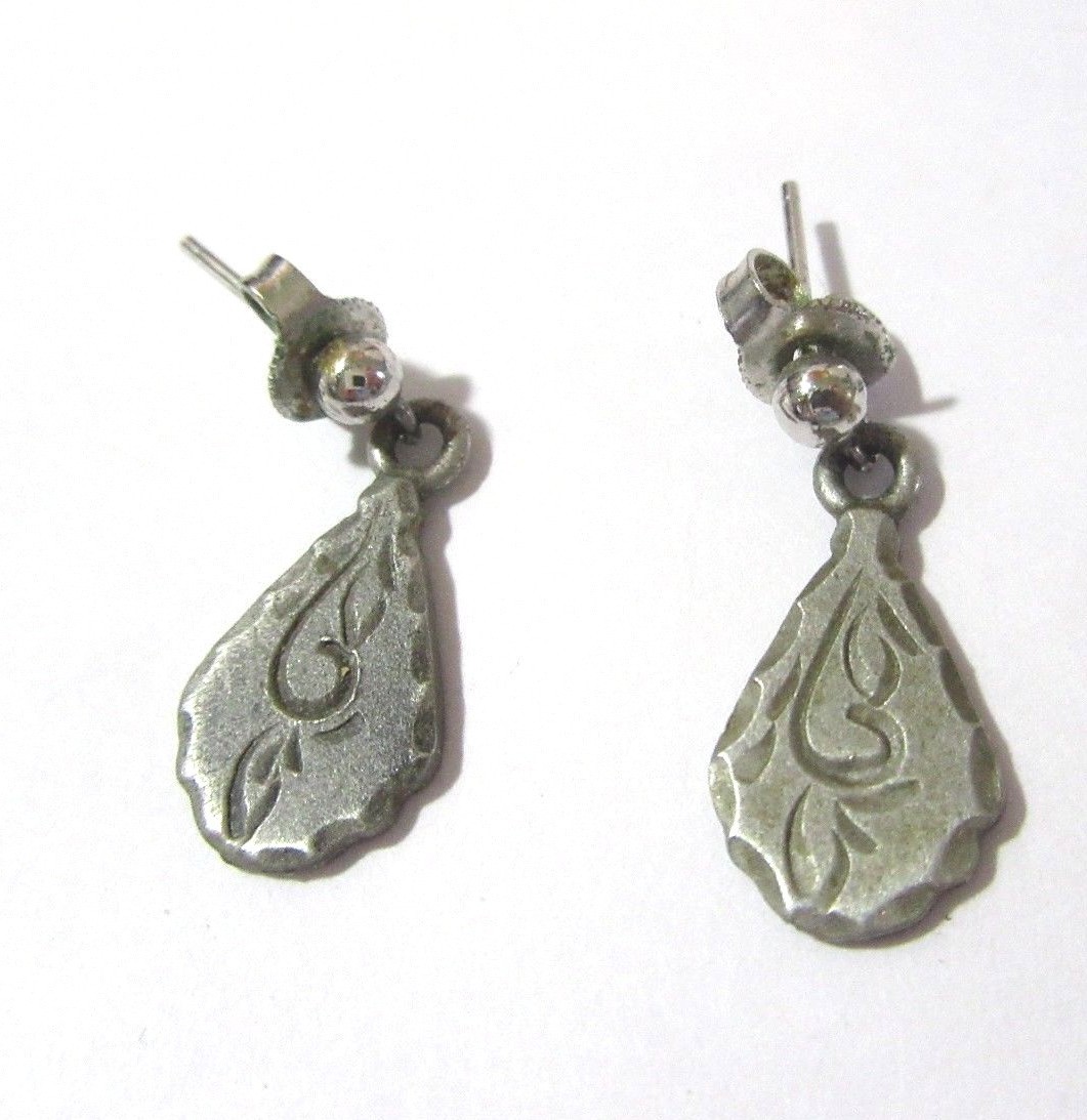 ETCHED FLORAL PIERCED EARRINGS MARKED PEWTER BDA VINTAGE