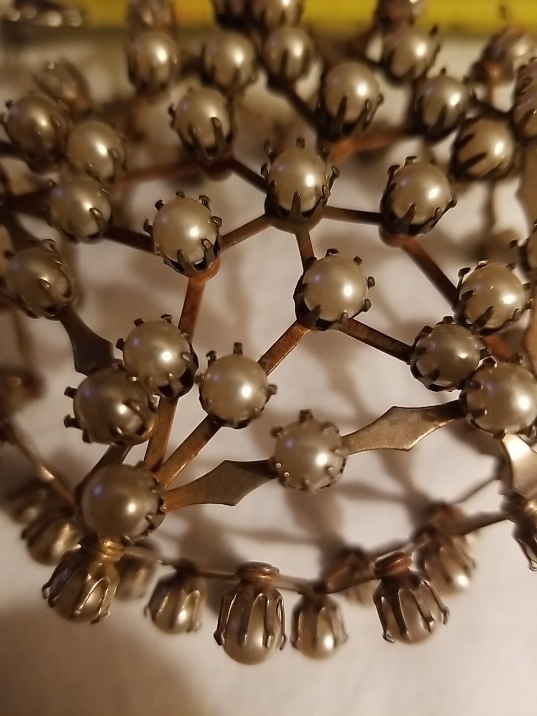 Vintage Expandable Gold Tone Chignon Bun Cage Adorned, Prong Set Pearls Wedding