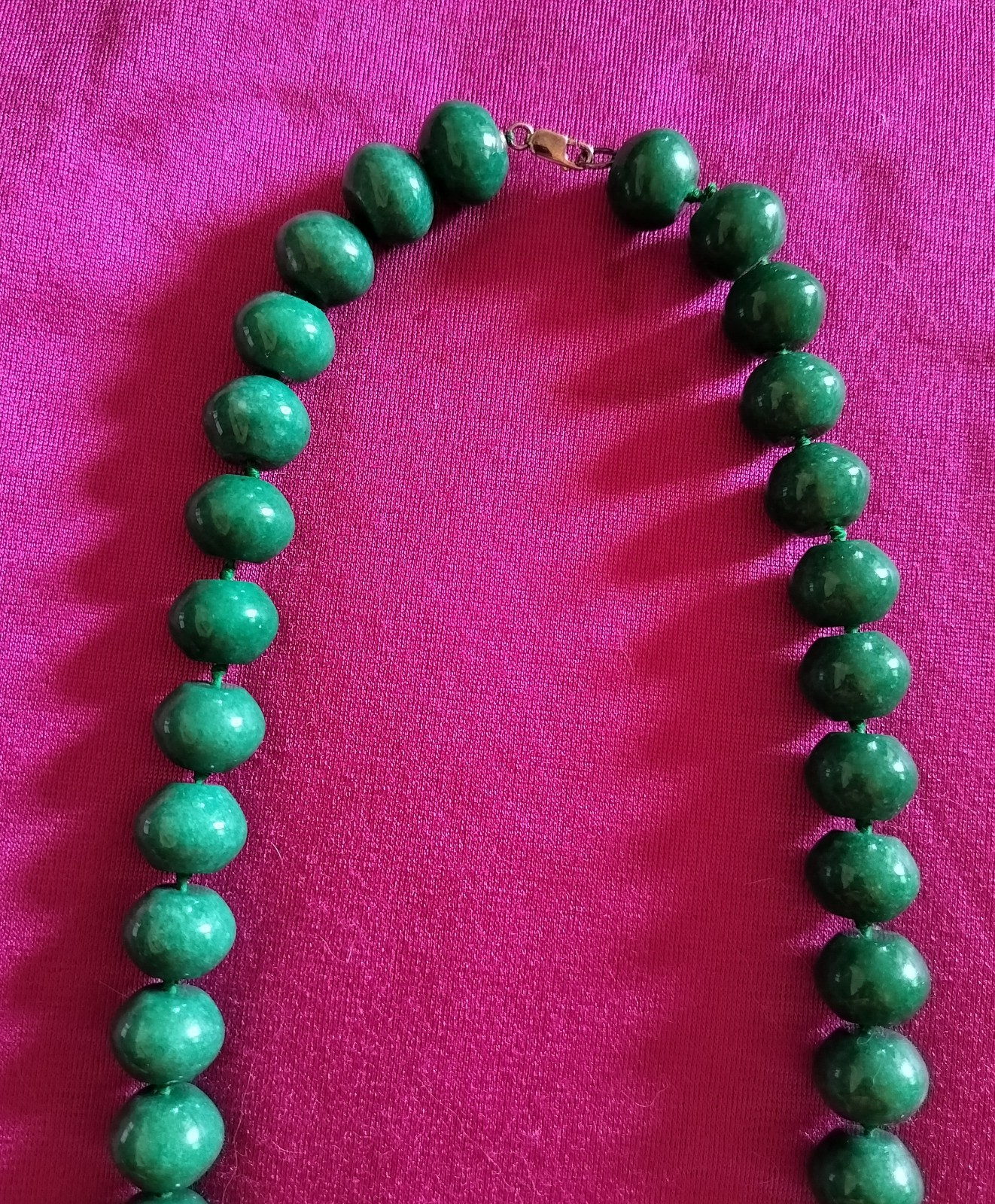 Vintage Natural Dark Green Jade Necklace. Individually Knotted W/ .925 Clasp.