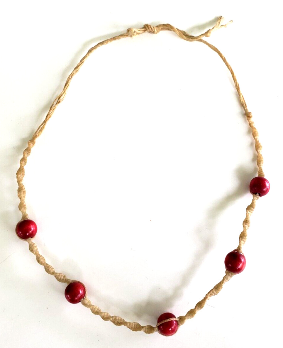 Vintage Hemp Macrame Red Wood Bead Choker Necklace 21.5″ Waxed Cord Knot Clasp