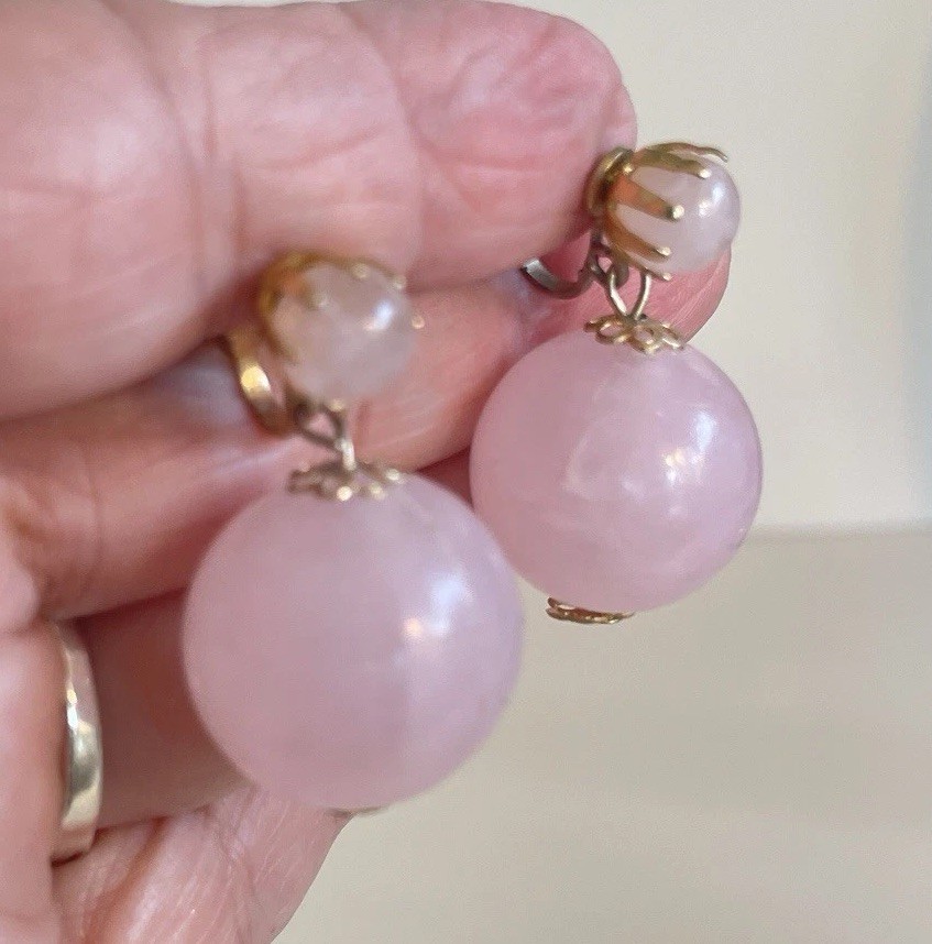 Vintage Pink Large Lucite Ball Drop Dangle Clip On Earrings Thermoset Prong