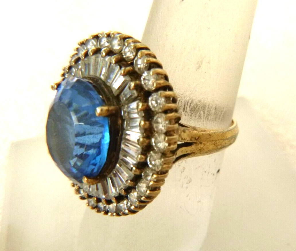 Signed db Vintage Blue Topaz Ring White CZ Baguettes 925 Sterling Silver Sz 6.75