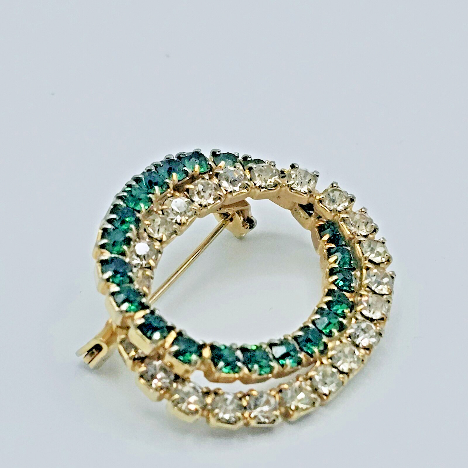 Emerald Green Brooch Vintage Open Double Oval Crystal May Statement Jewelry Pin