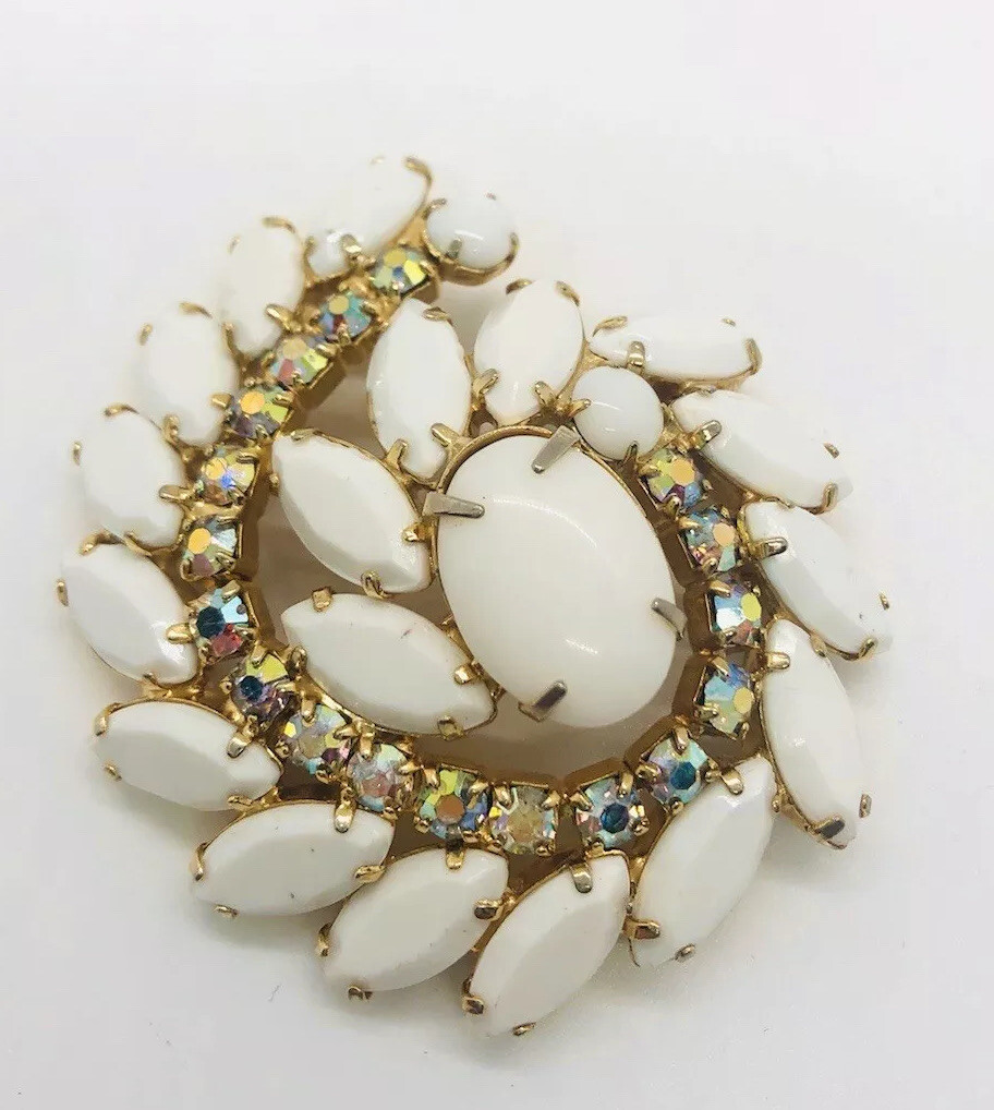 Juliana Delizza & Elster Large White & AB Rhinestone Brooch Vintage Jewelry