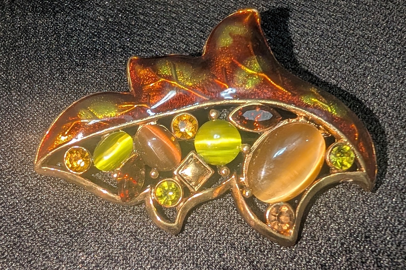 Vintage Autumn Leaf Brooch Enamel Cat’s Eye Glass Rhinestone Fall Colors 2″