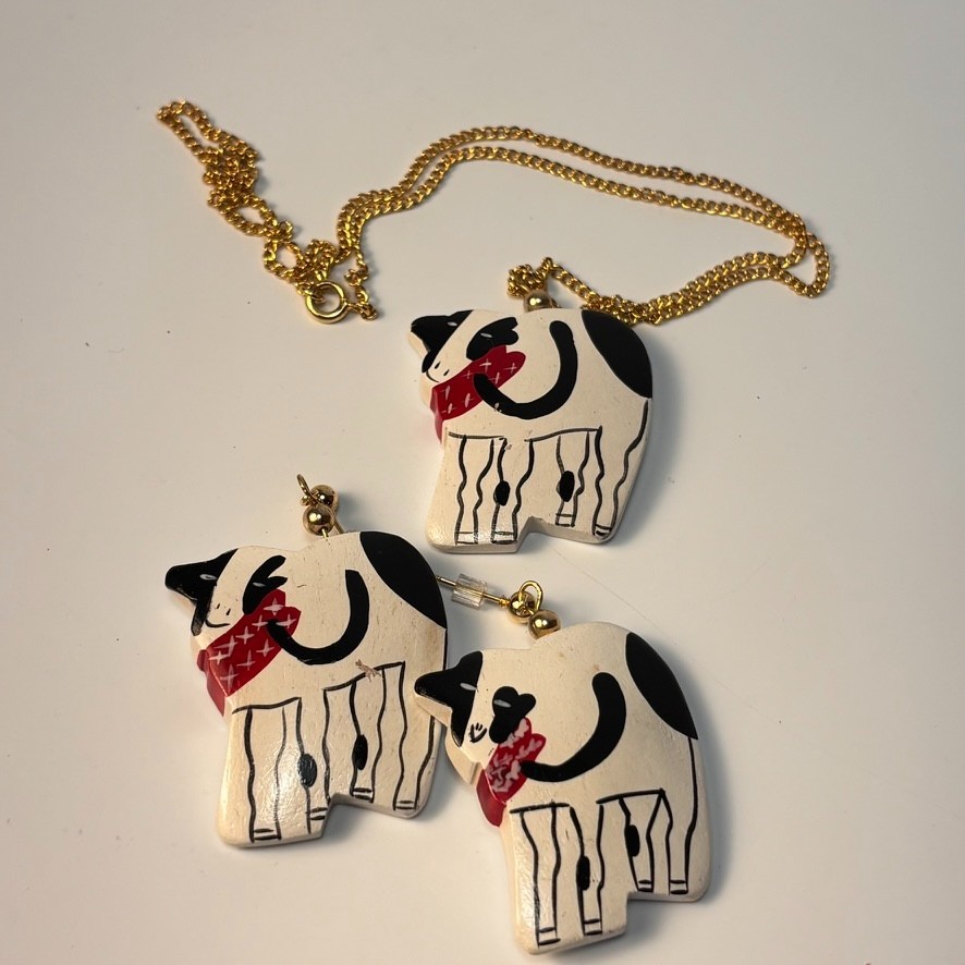 Vintage Necklace Earrings Hand Painted Cow Chunky Huge