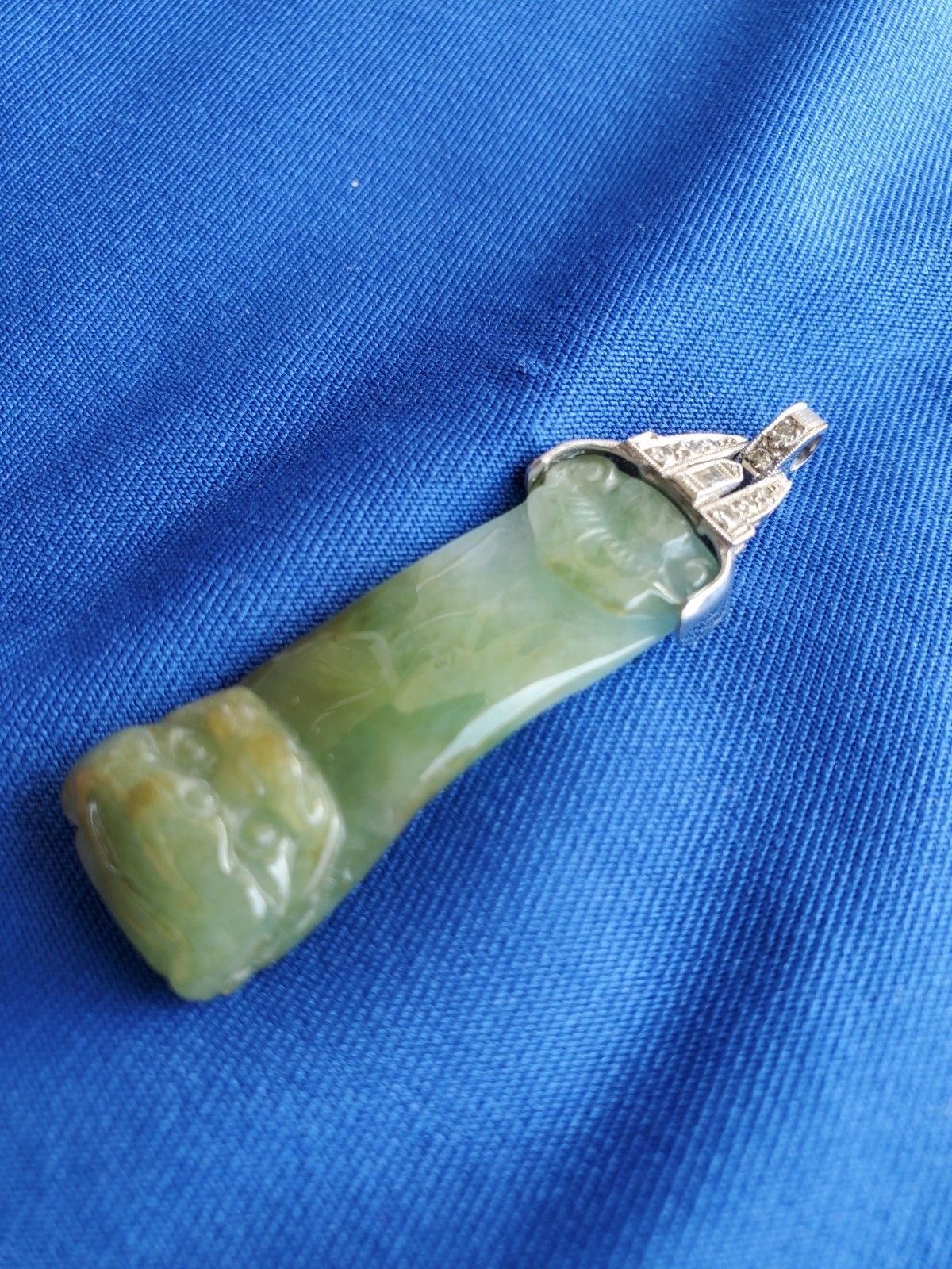 ORIGINAL Antique Green JADE DIAMOND Art Deco Pendant SOLID PLATINUM Medallion