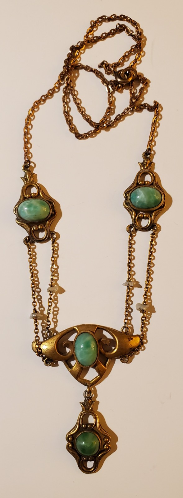 Antique Art Nouveau Krementz Festoon Necklace Seed Pearls Green Cabochons