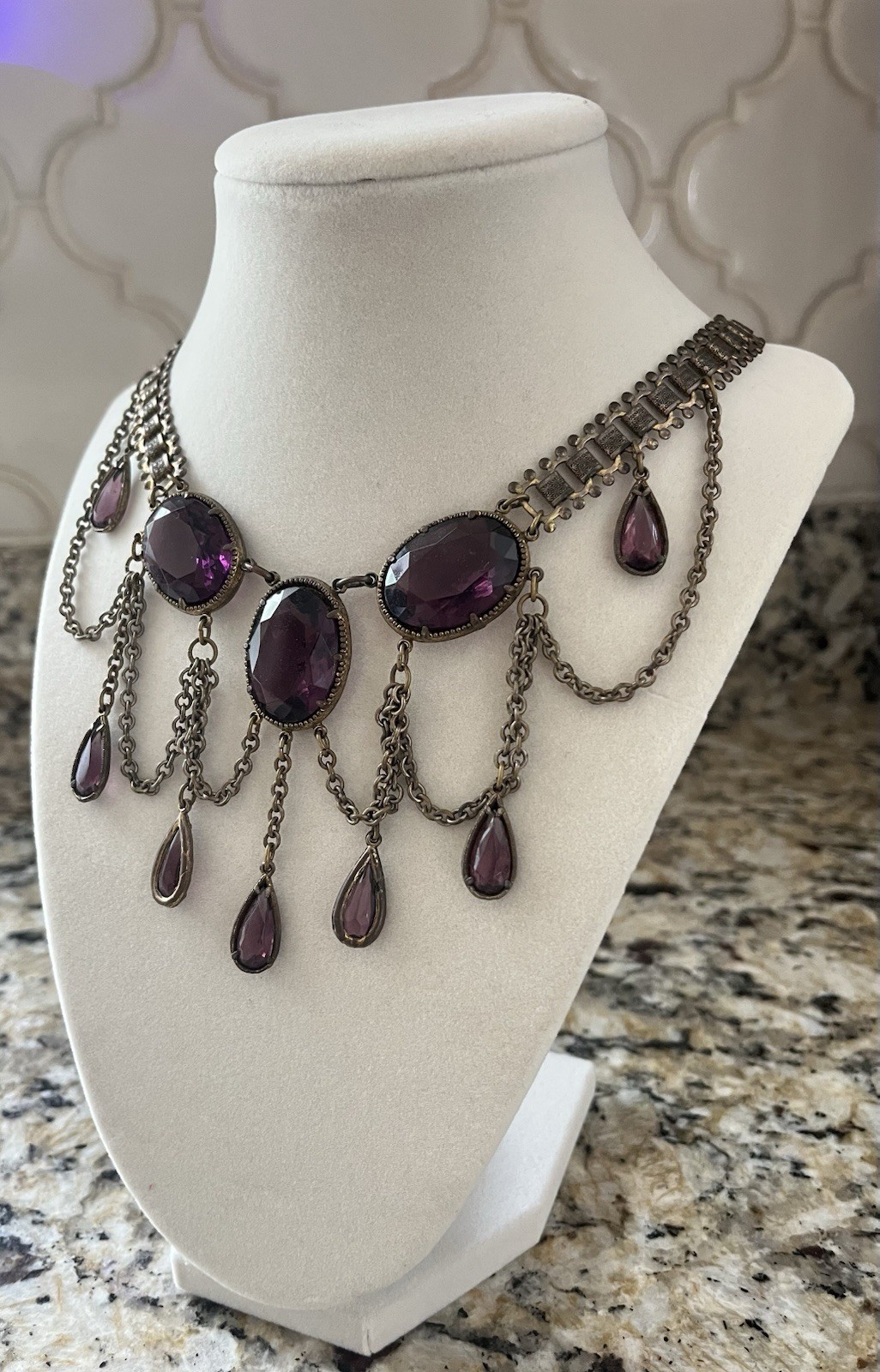 Amazing Antique Billowing Amethyst Colored Stones Bib Collar Necklace