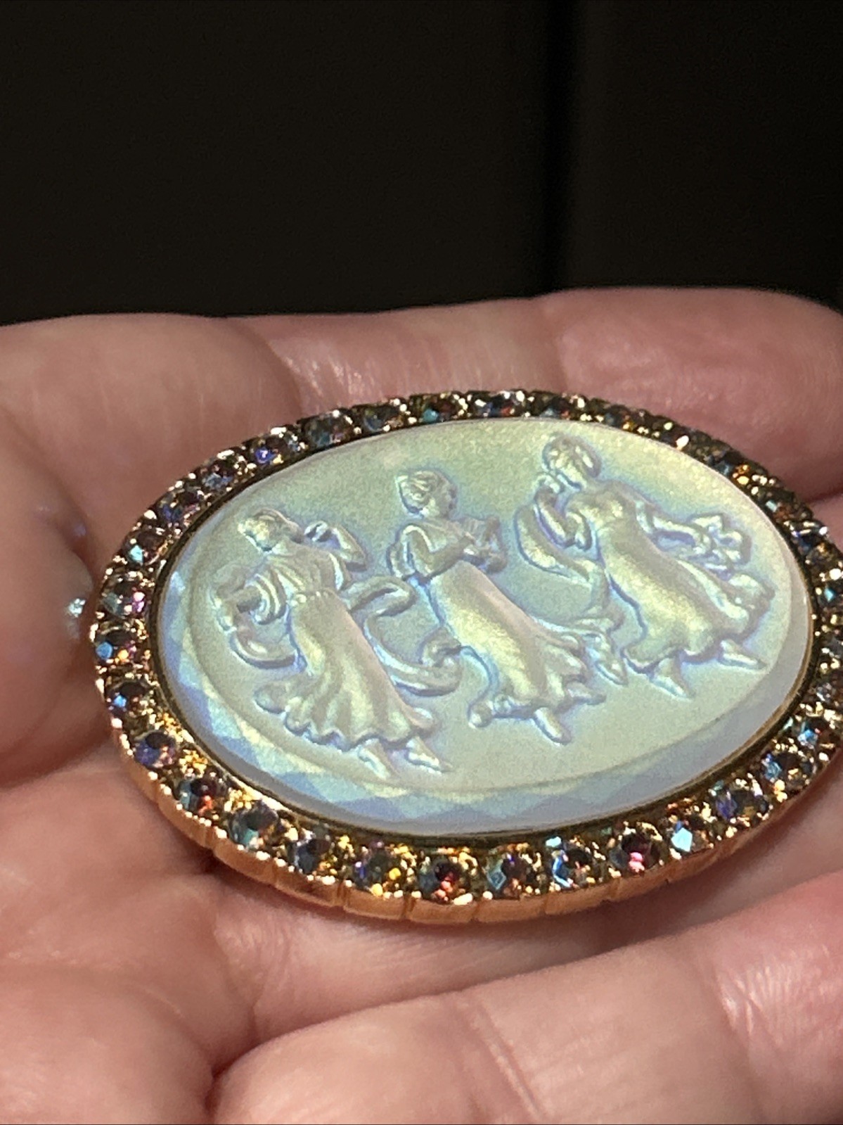 Vintage Kirk’s Folly Camphor Iridescent Glass 3 Dancing Maidens Brooch AB Stones