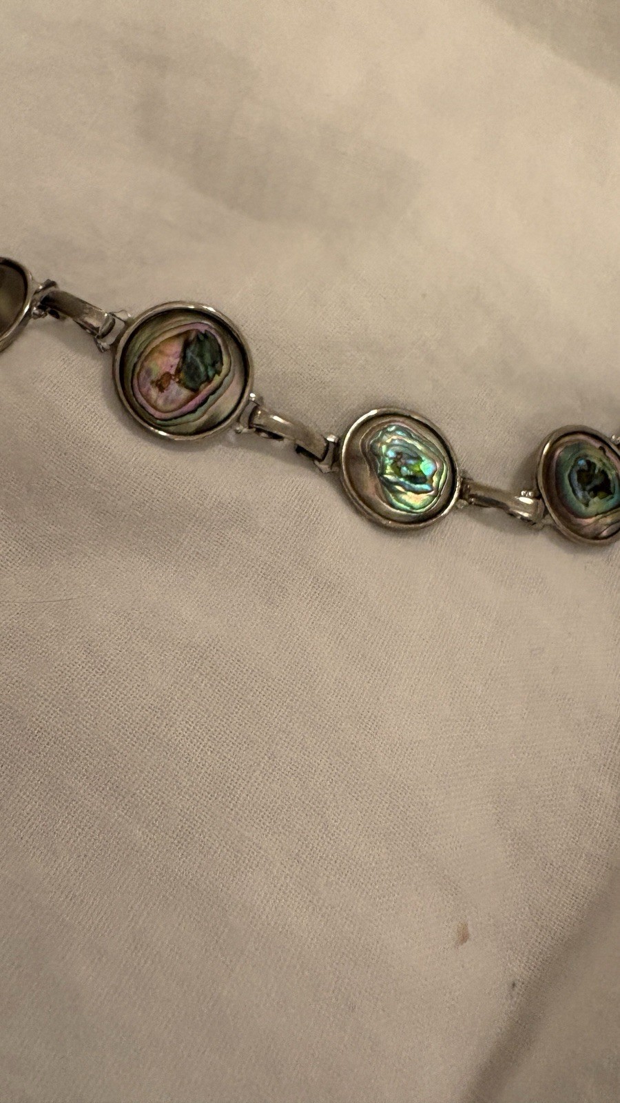 Vintage Hoffman Abalone Shell Link Bracelet Iridescent Paua Silver Tone 7.78”