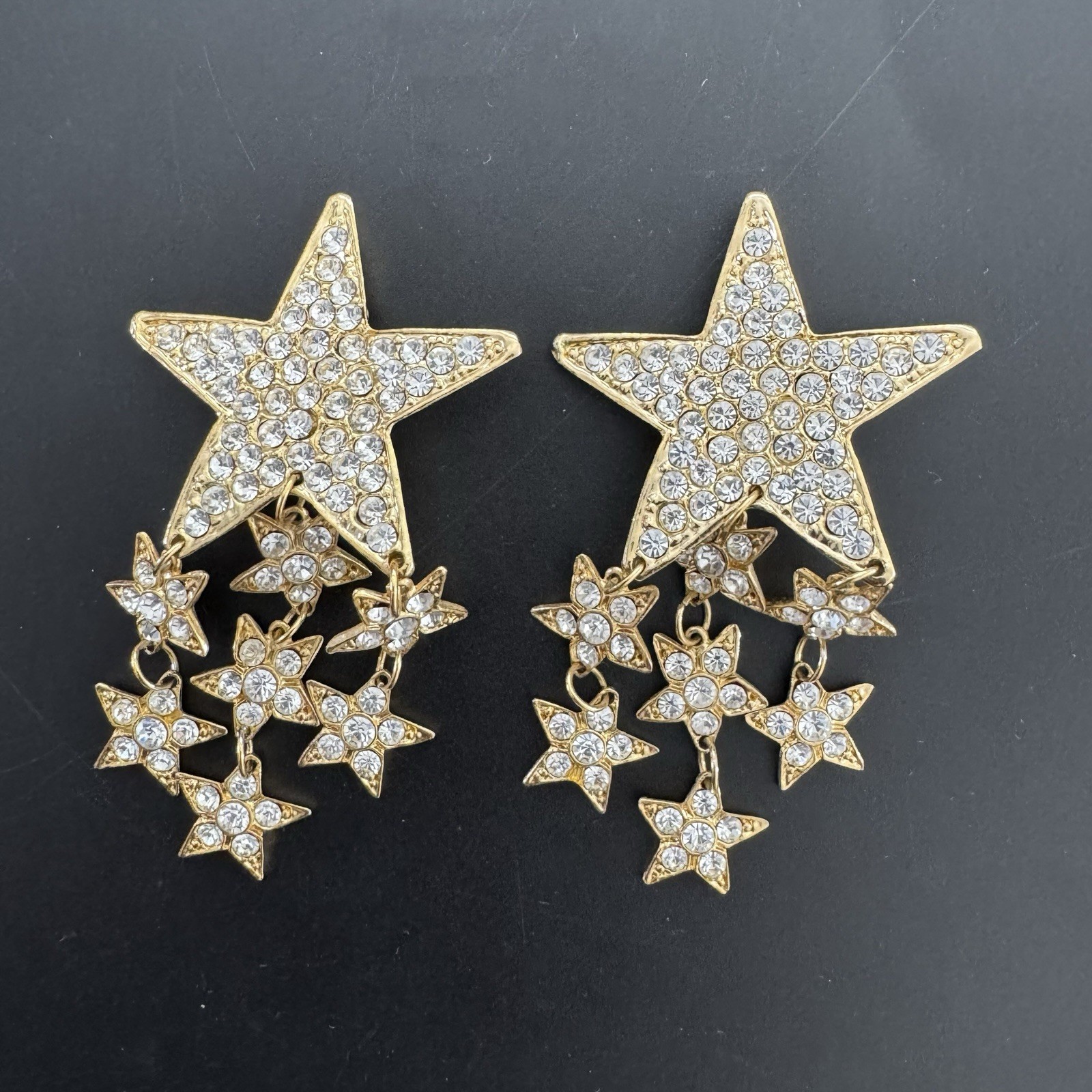 80s French Couture Austrian Pave Crystal Gold Tone Star Drop Runway Earrings