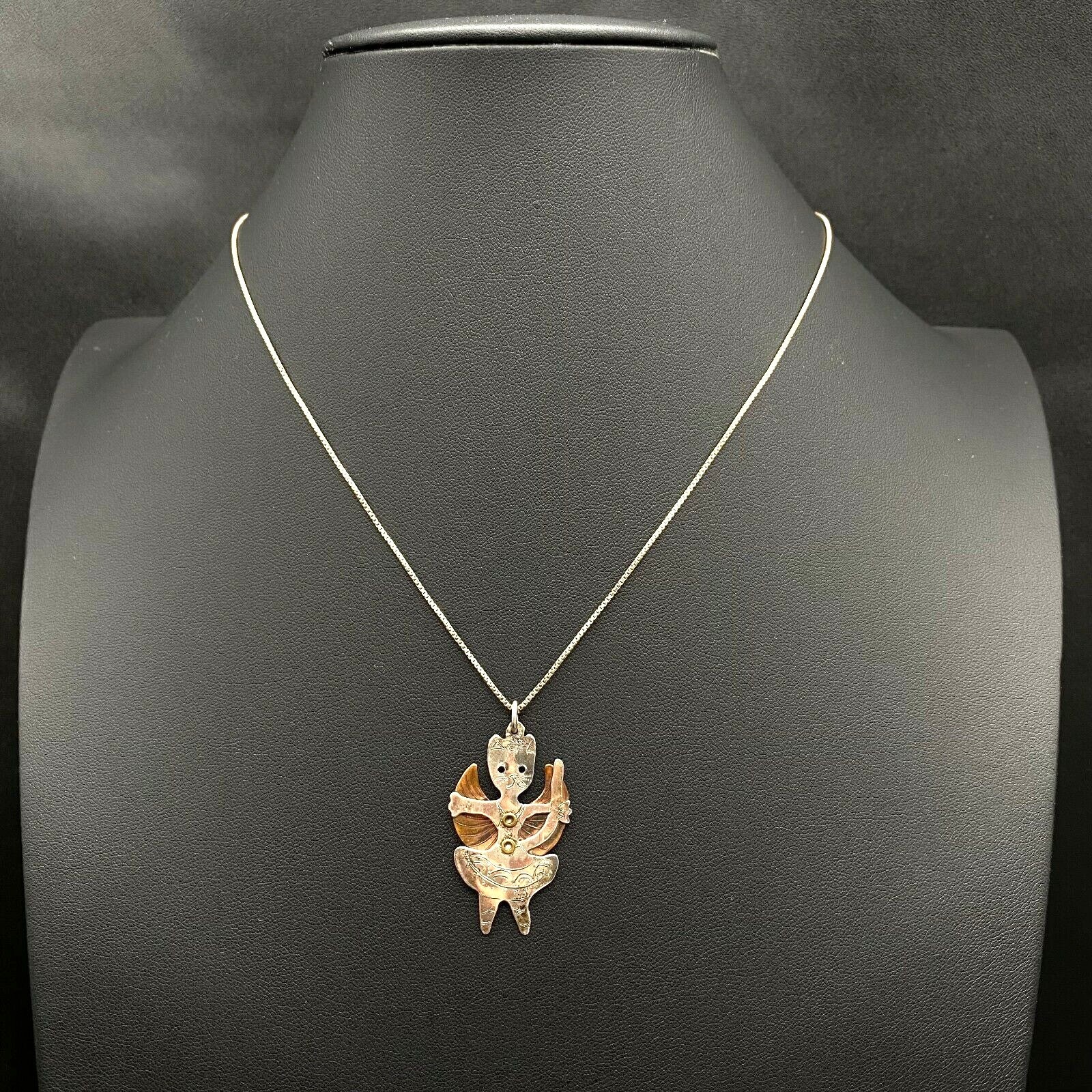 Vintage Dancing Cat Ballet Mixed Metal Sterling Silver Copper Wing Pendant