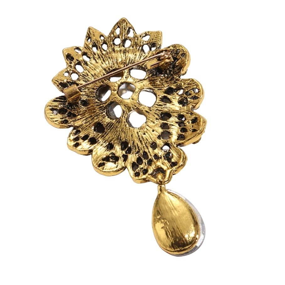 Brooch Red Glass Teardrop Dangle with A/B Iridescent Crystals Gold Tone