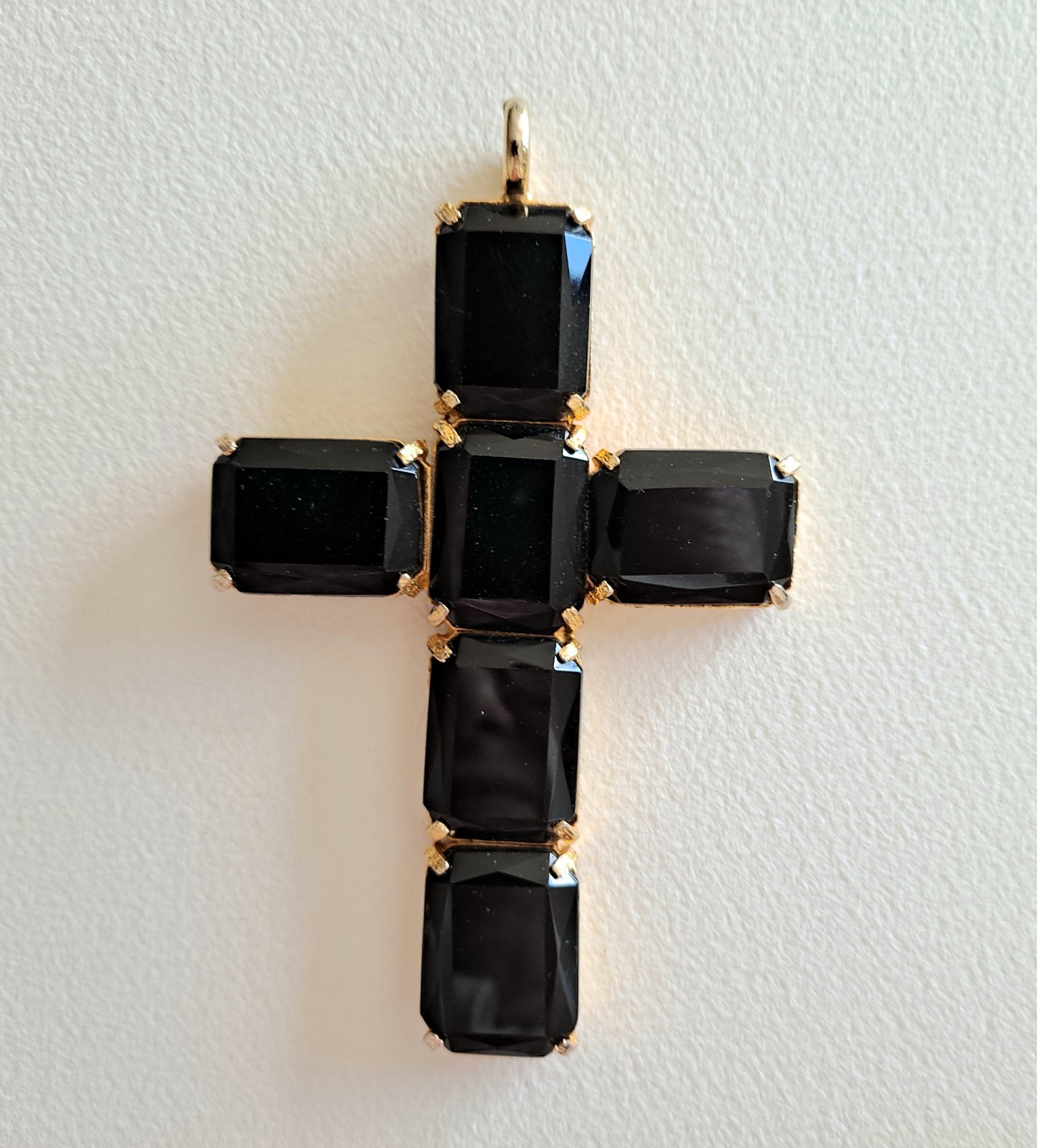 Vtg. CADORO, LG. Cross Gold Plated, Black Glass Pendant Necklace Statement Piece