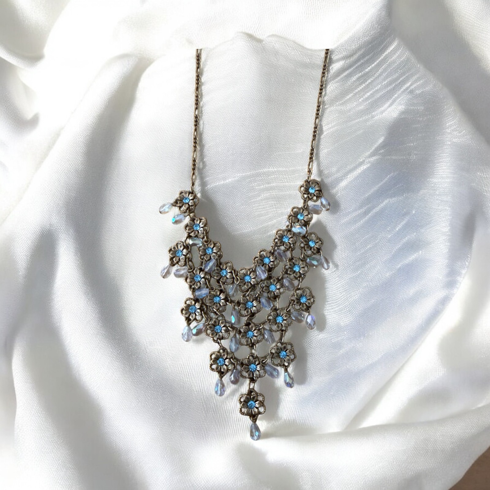 Vintage Blue Rhinestone Bib Necklace Gold Tone Floral Filigree Statement China