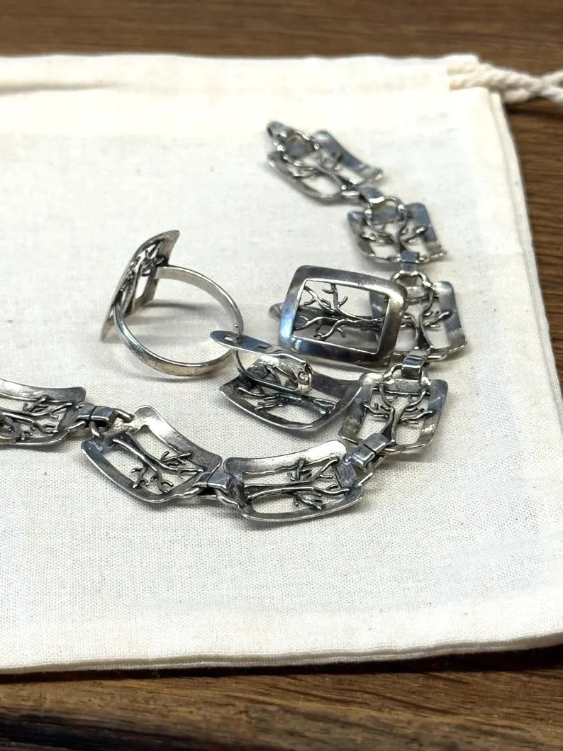 Vintage set tree of life 925 sterling silver bracelet earrings ring