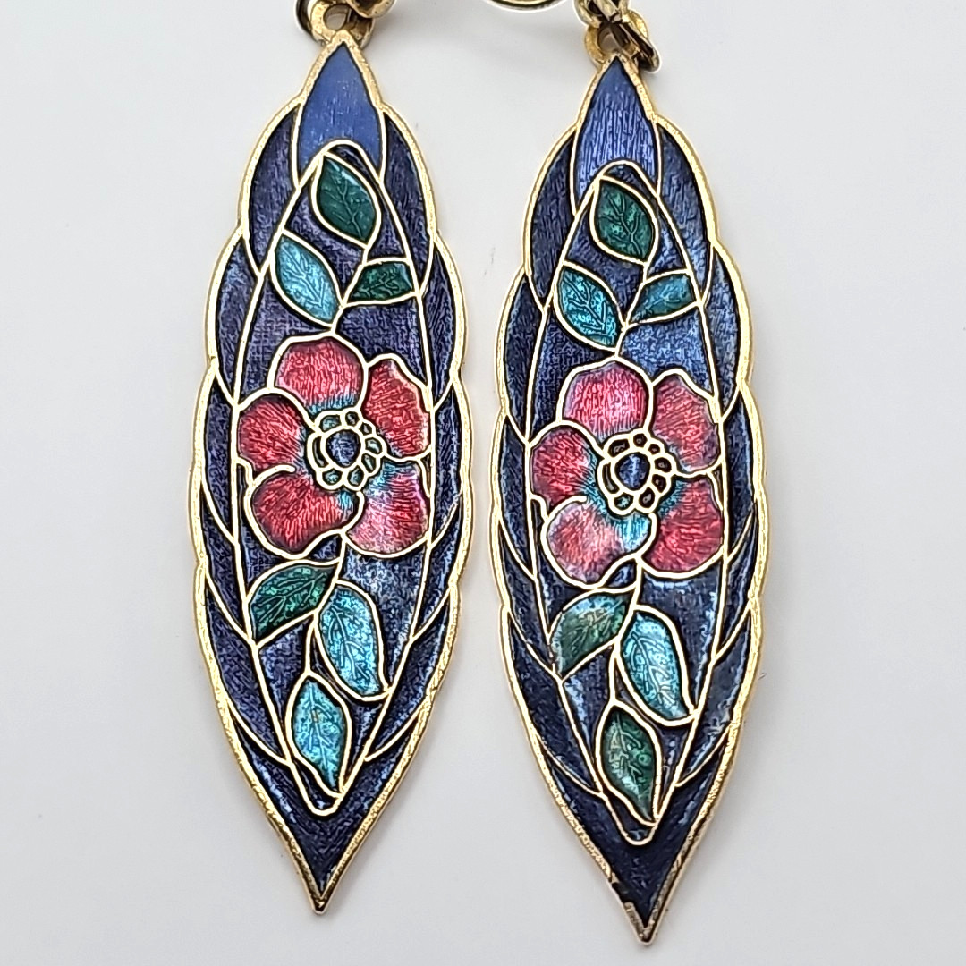 Vintage Enamel Poppy Flower Earrings Cloisonné Style Long Dangle Pierced