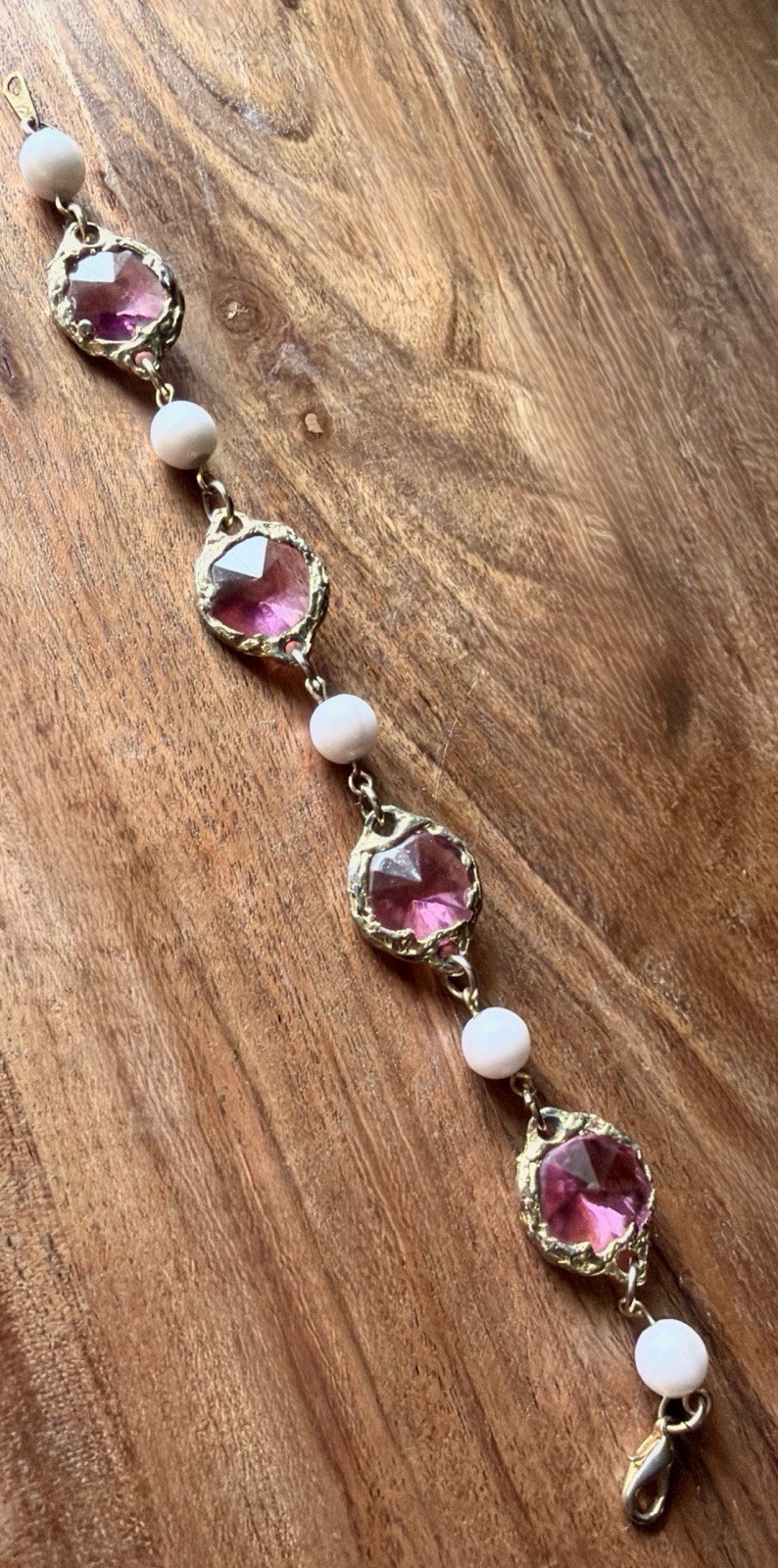Paired Gold Tone Pink Stone Pearl Bracelet & Heart Dangle Pierced Earrings Korea