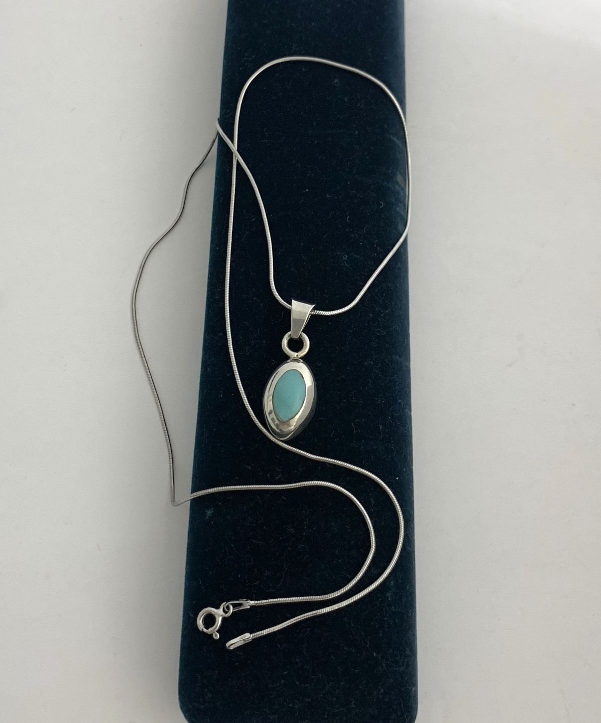 Vintage Mexico 925 Sterling Silver Necklace Blue Turquoise Inlay Pendant