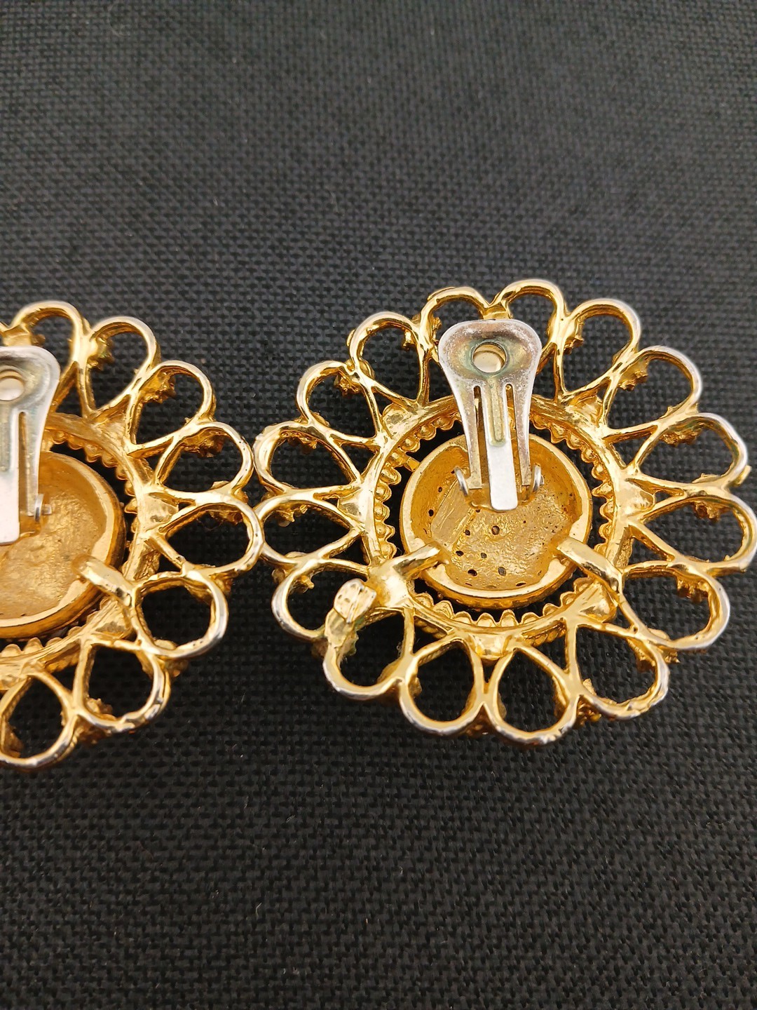 HUGE 1980 gold-tone pave clear crystals open metal work round clip-on earrings