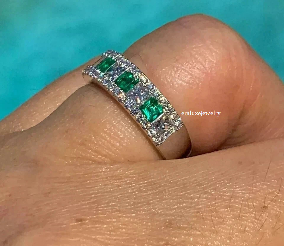 3Ct Art Deco style Lab Created Diamond Emerald Engagement 14K White Gold FN Ring