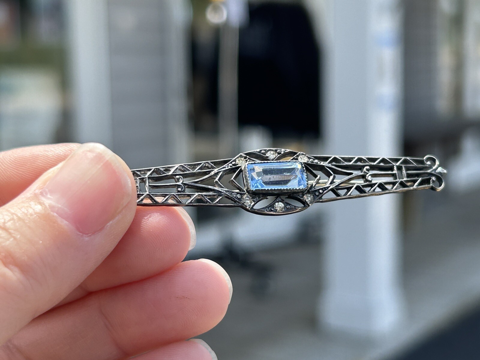 Antique Sterling Silver ART DECO Open Work Bar Brooch Blue Iolite ? & Glass