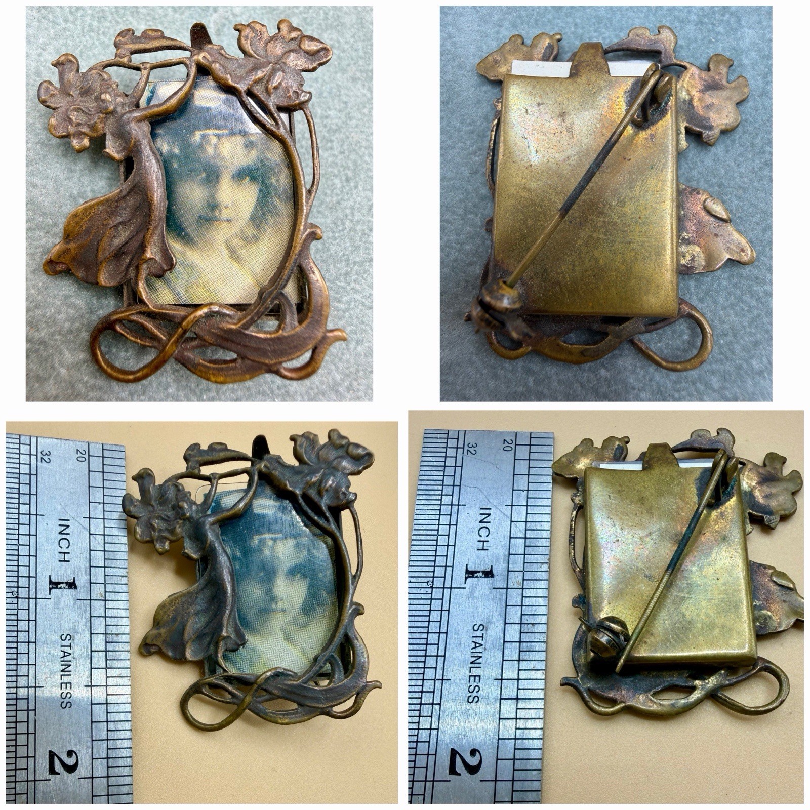Vintage Art Nouveau Portrait Brooch Floral Brass Lady Pin Estate Jewelry