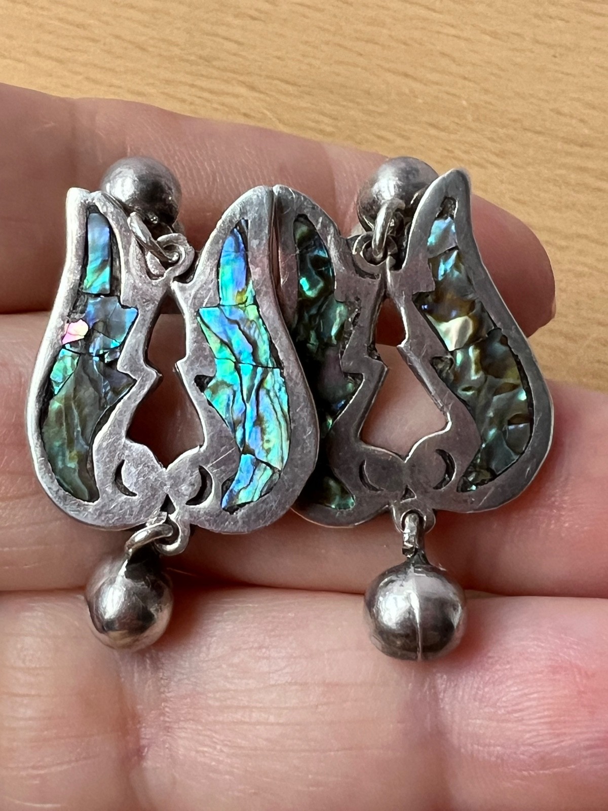 VINTAGE TAXCO MEXICO TULIP DESIGN ABALONE SCREW BACK EARRINGS 925 STERLING SLVER