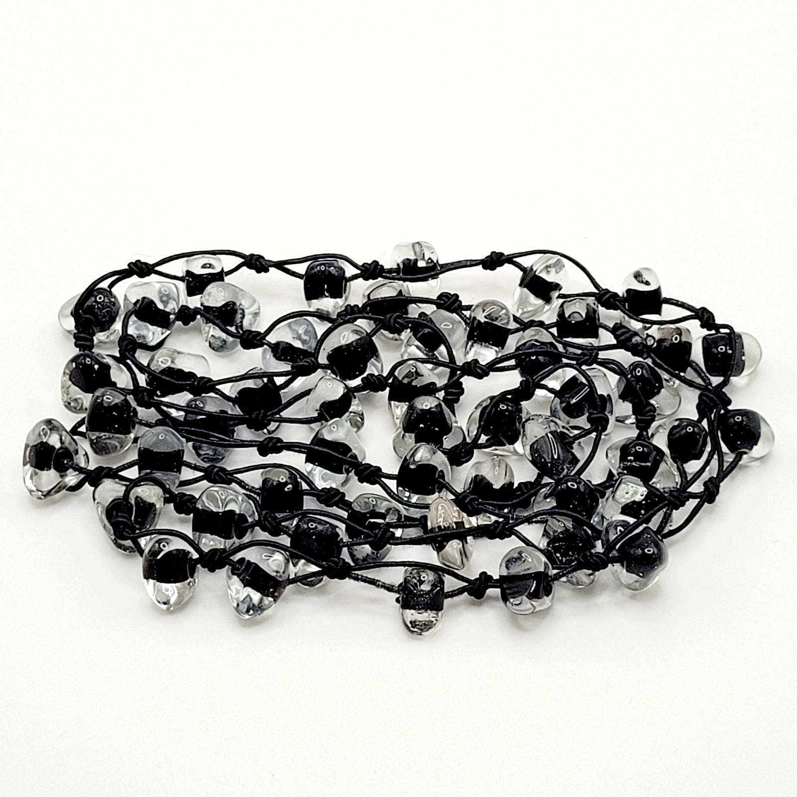 Art Glass Clear Ice Pebble Bead Hand Knot Black Thread Single Strand Necklace