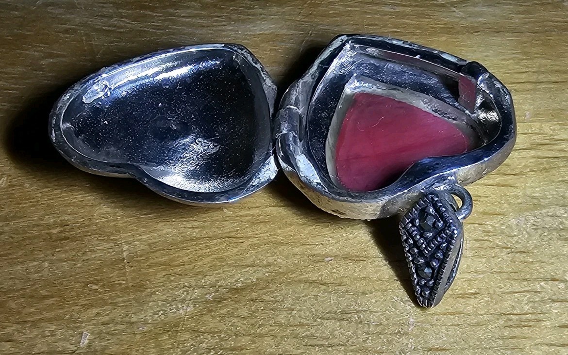 Sterling Silver Marcasite Puffy Heart Locket Pendent Charm Red Coral Center